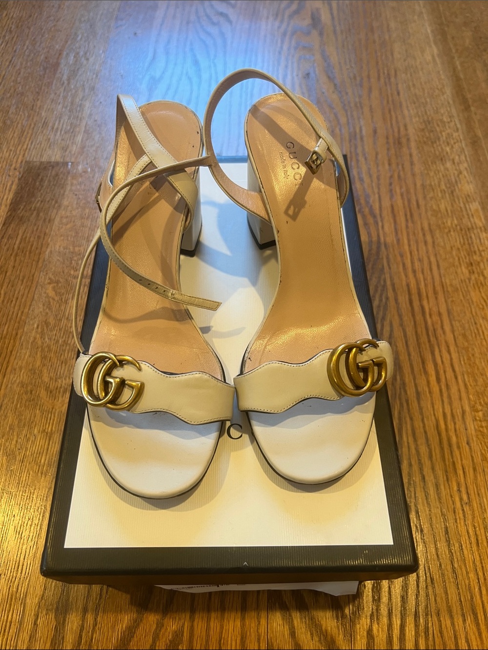 Gucci Cream Leather Block Heel Sandals with Gold Double G
